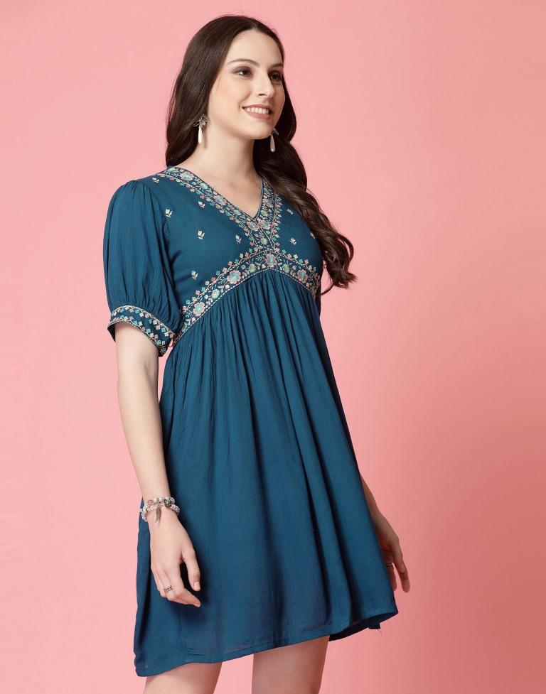 Teal Blue Rayon Embroidery Flared Dress