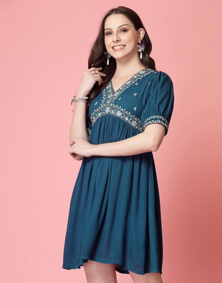 Teal Blue Rayon Embroidery Flared Dress