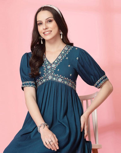 Teal Blue Rayon Embroidery Flared Dress