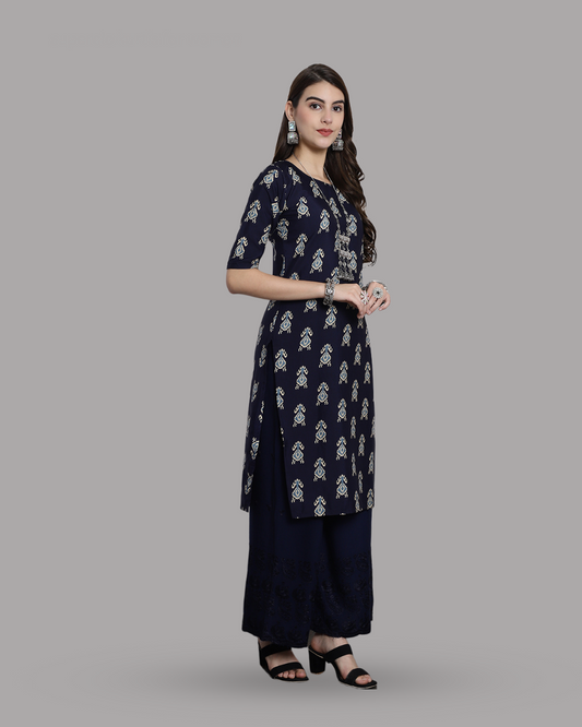 Navy Blue Block Printed Kurta 