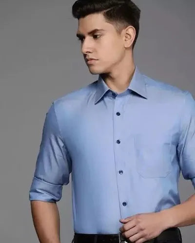 Stylish Blue Cotton Blend Solid Long Sleeve Formal Shirts For Men 