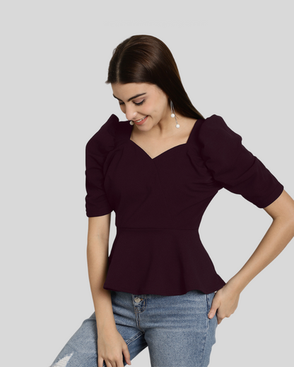 Puff Sleeve Wine Casual Top 