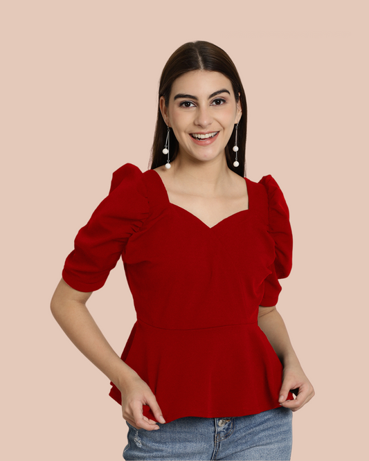 Puff Sleeve Red Casual Top 