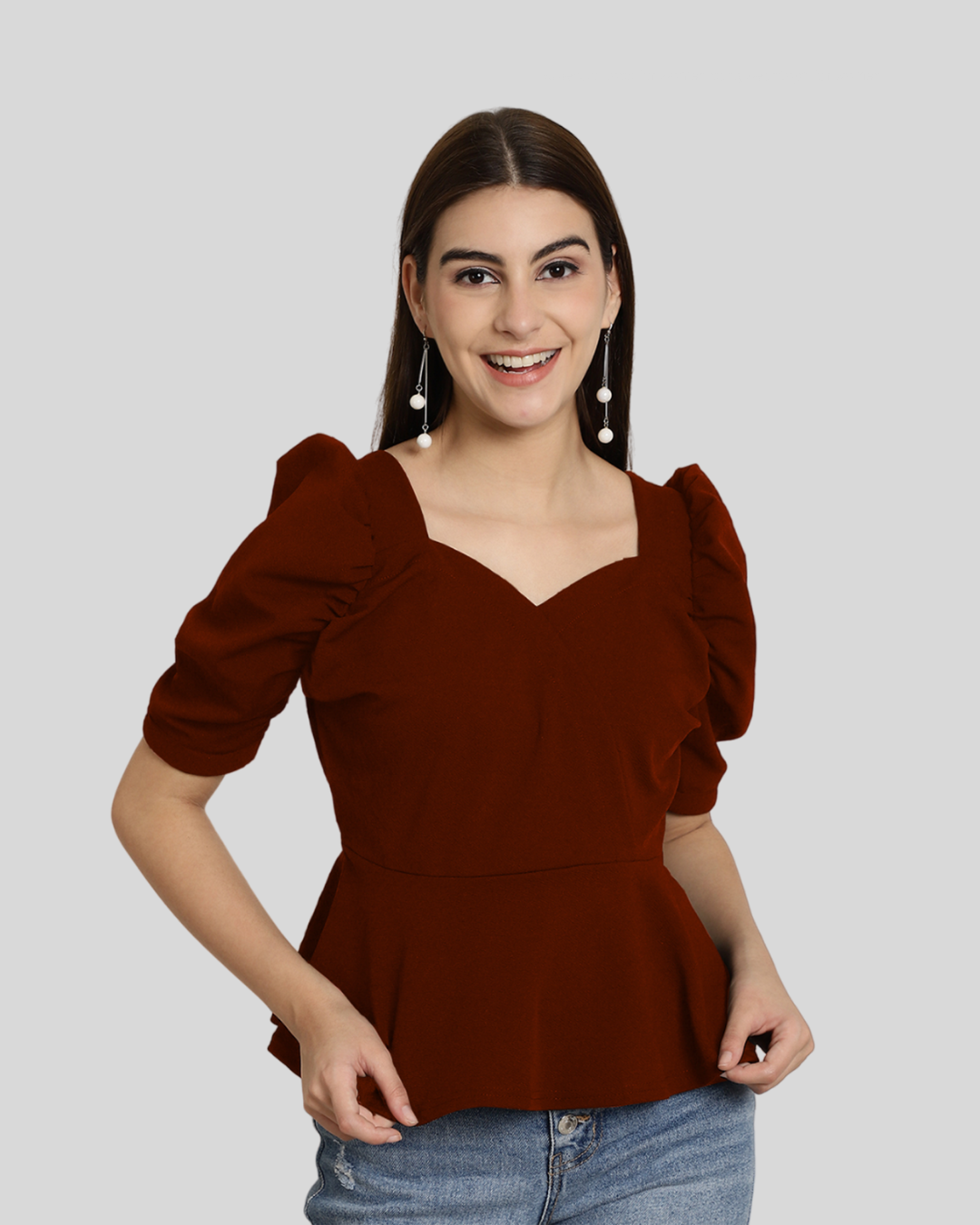 Puff Sleeve Maroon Casual Top 