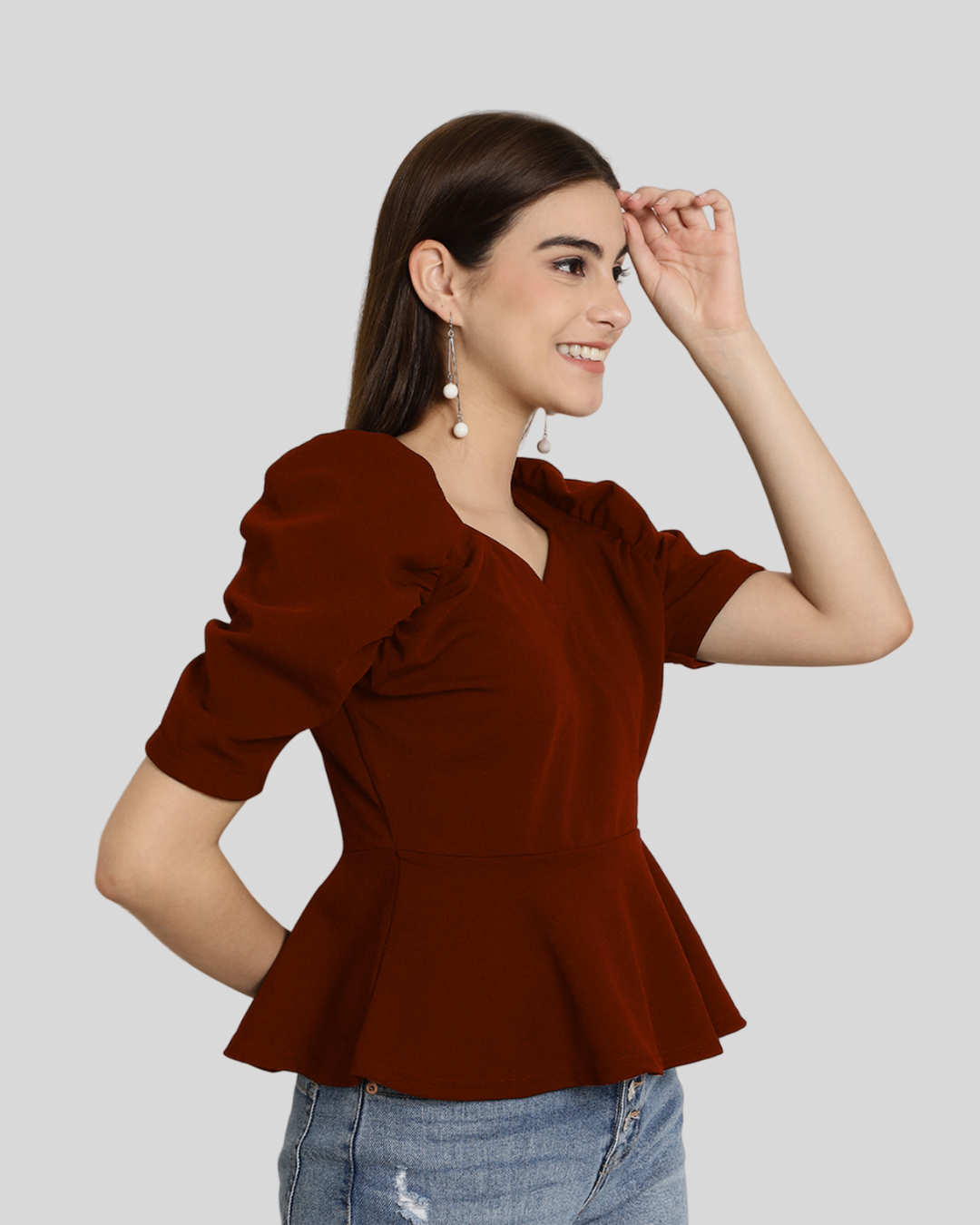 Puff Sleeve Maroon Casual Top 