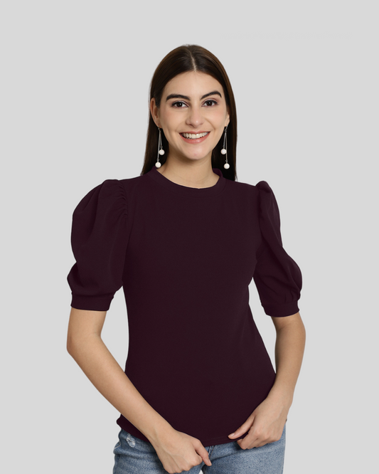 Elegant Wine Puff Sleeve Top 