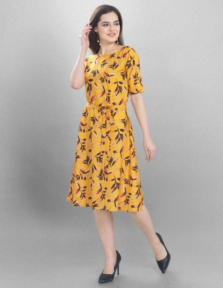 Sleek Yellow Coloured Printed Crepe Dress