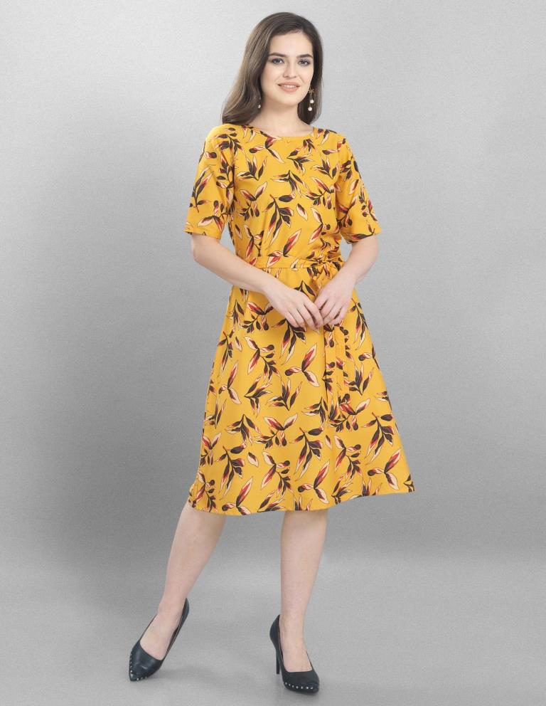 Sleek Yellow Coloured Printed Crepe Dress