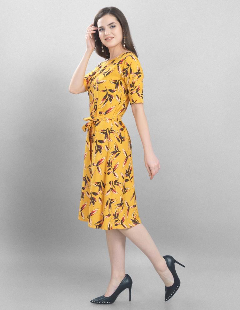 Sleek Yellow Coloured Printed Crepe Dress