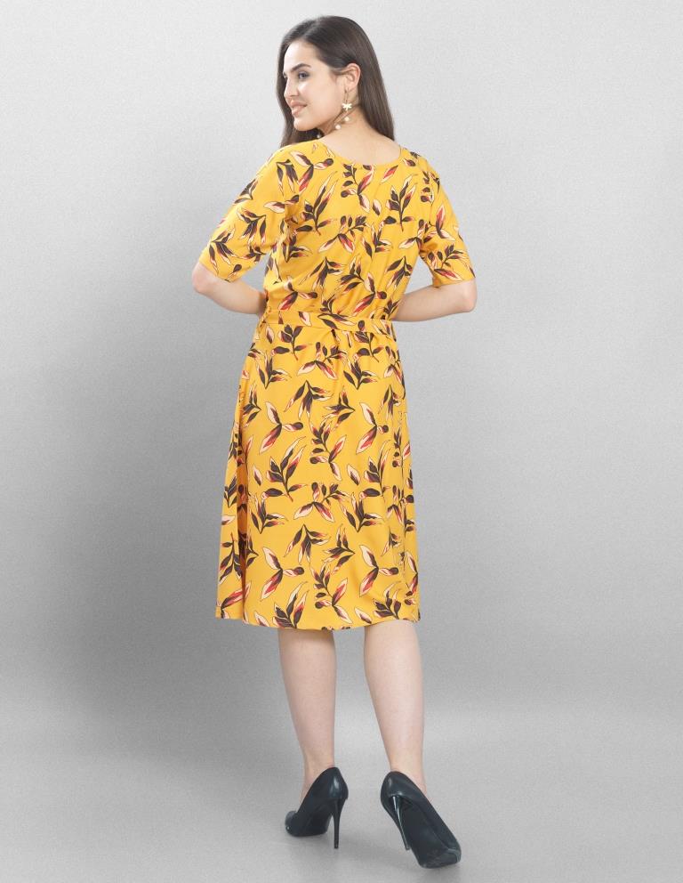 Sleek Yellow Coloured Printed Crepe Dress