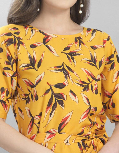 Sleek Yellow Coloured Printed Crepe Dress