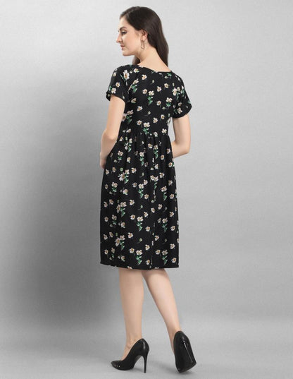 Vibrant Black Coloured Printed Crepe Dress 