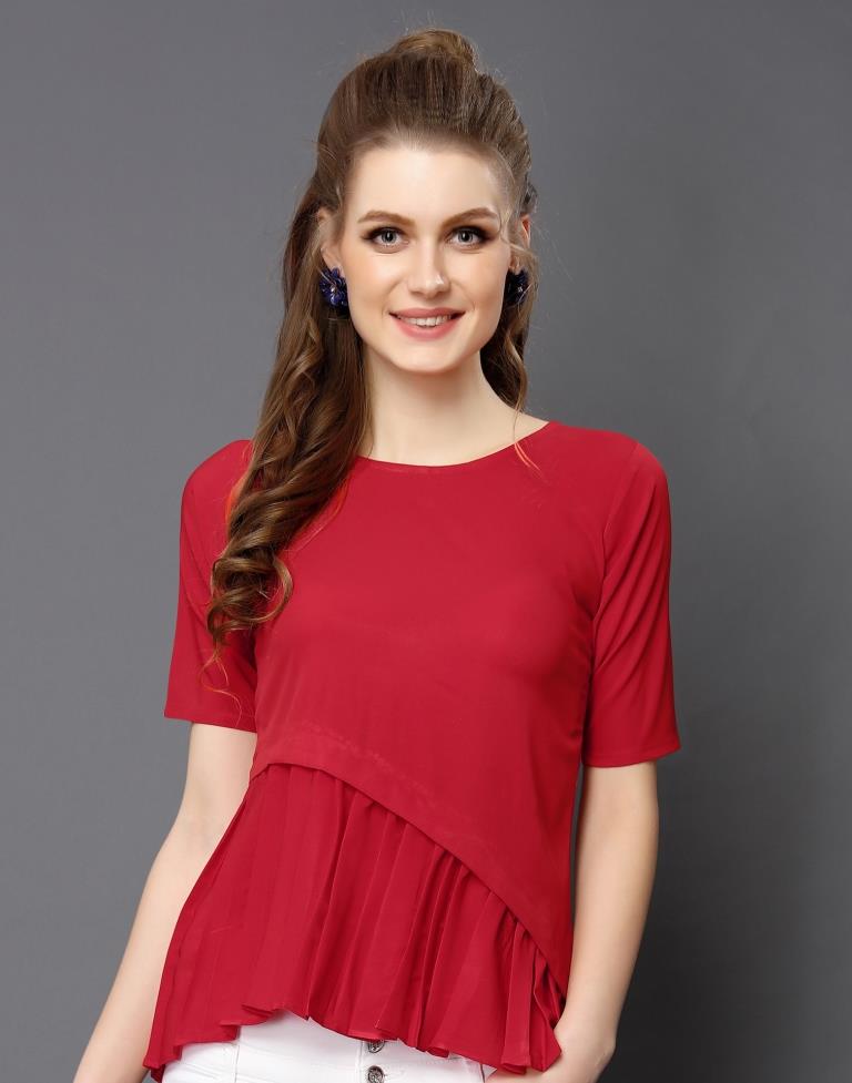 Modish Red Coloured Plain Crepe Tops 