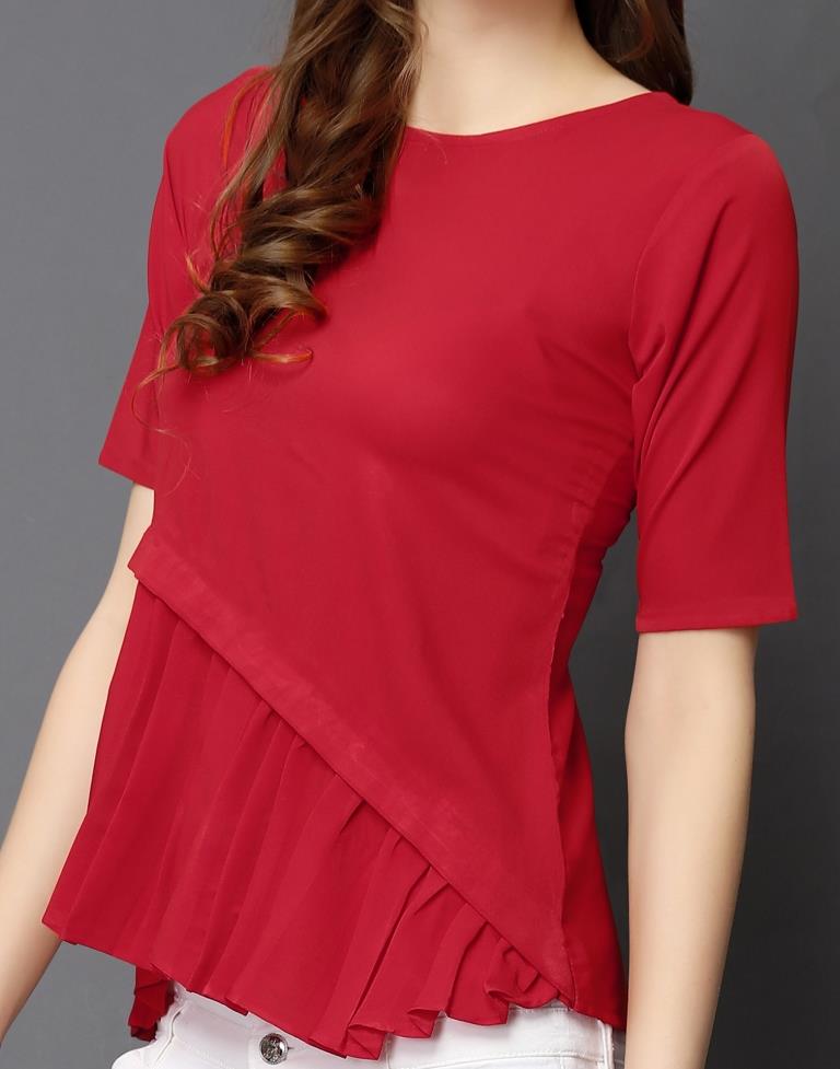 Modish Red Coloured Plain Crepe Tops 