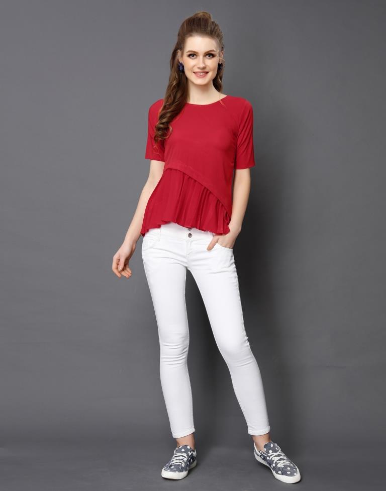 Modish Red Coloured Plain Crepe Tops 