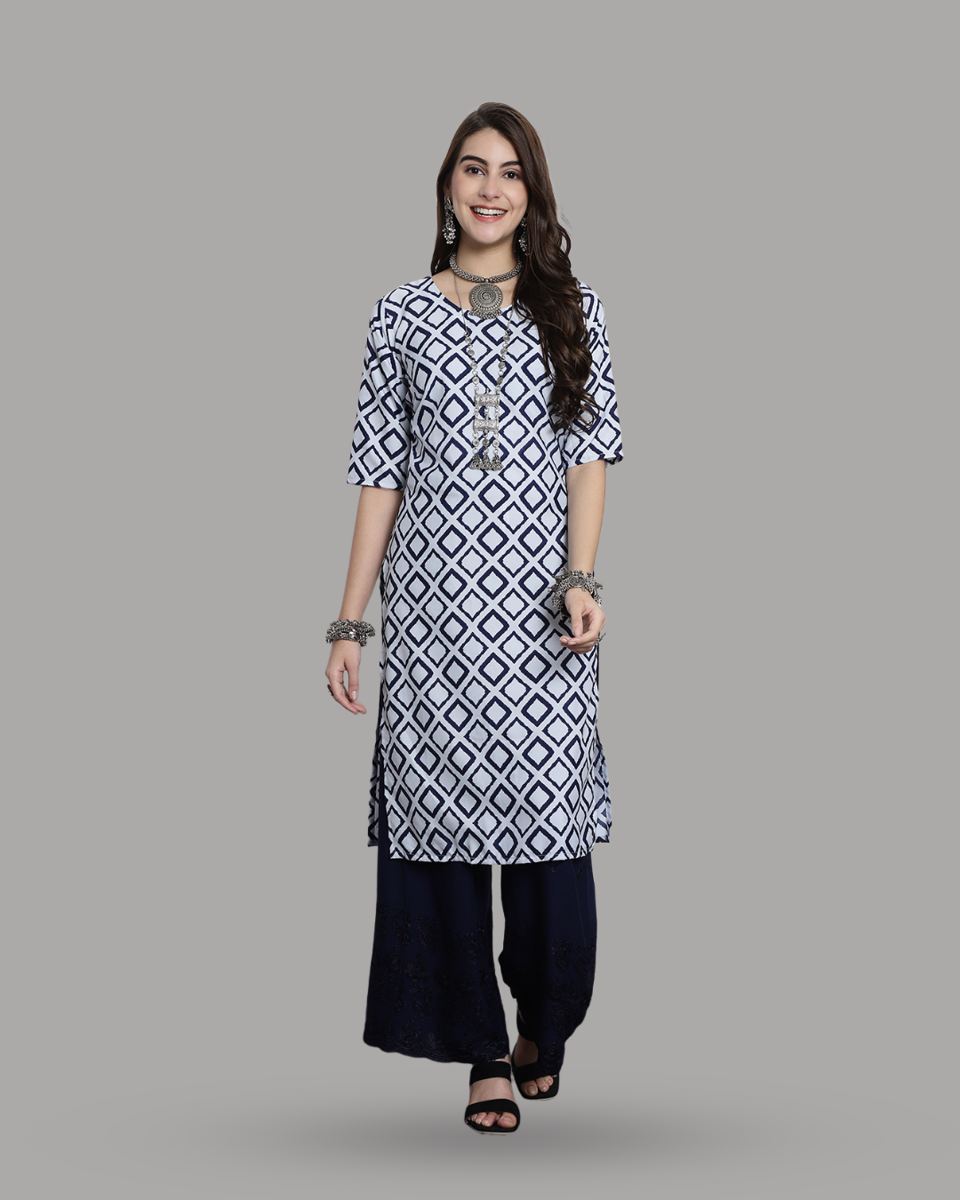 Navy and Ivory Block Printed Kurta 