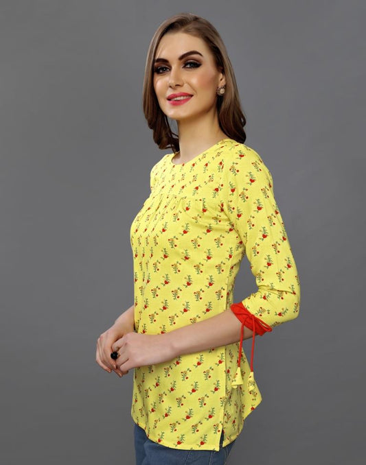 Breezy Yellow Coloured Printed Rayon Tops 