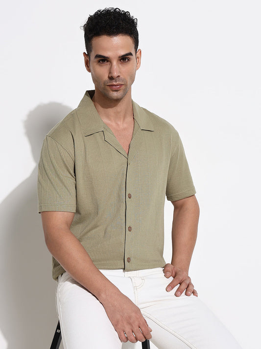 Men Olive Solid Cuban Collar Shirt