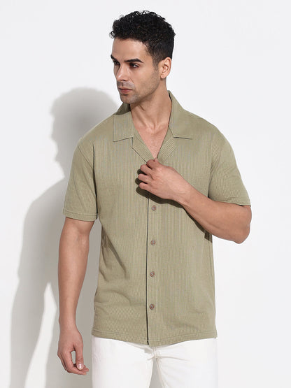 Men Olive Solid Cuban Collar Shirt