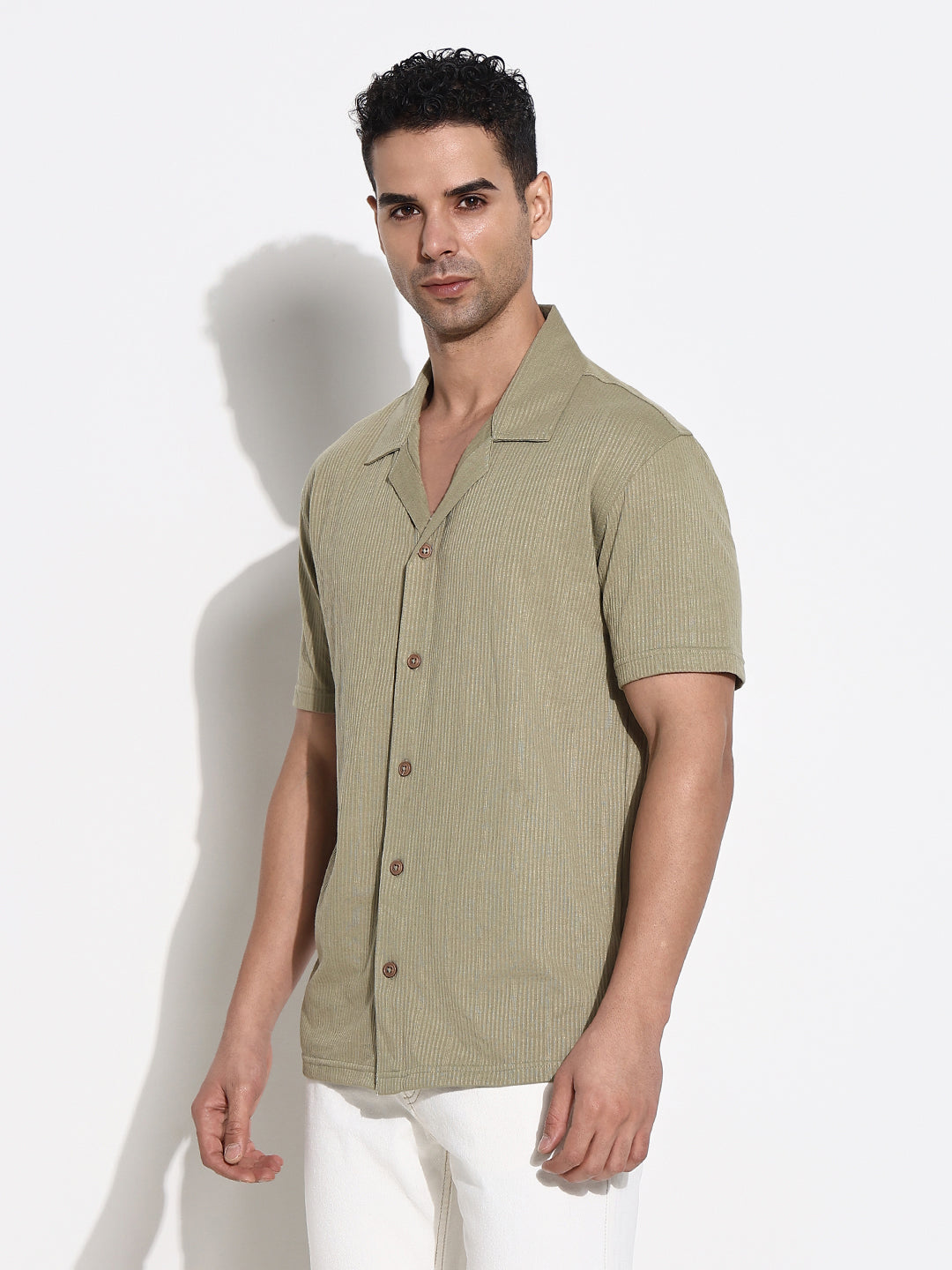 Men Olive Solid Cuban Collar Shirt