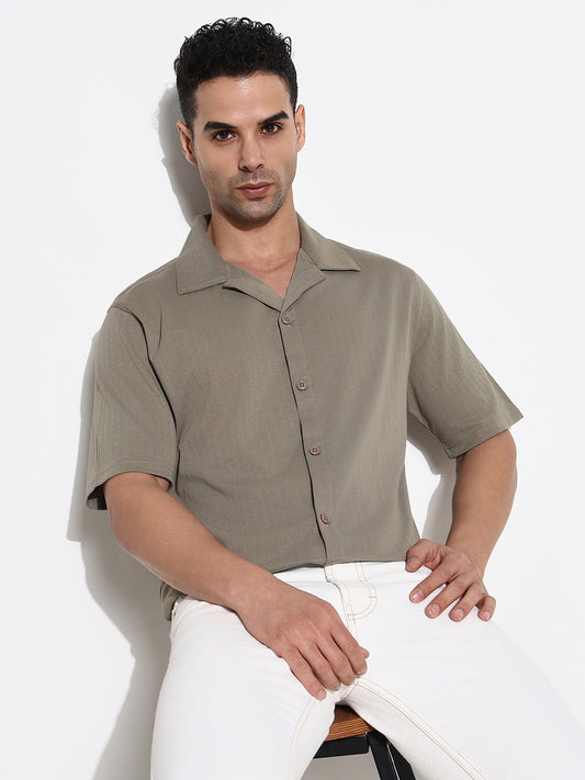 Men Olive Solid Cuban Collar Shirt