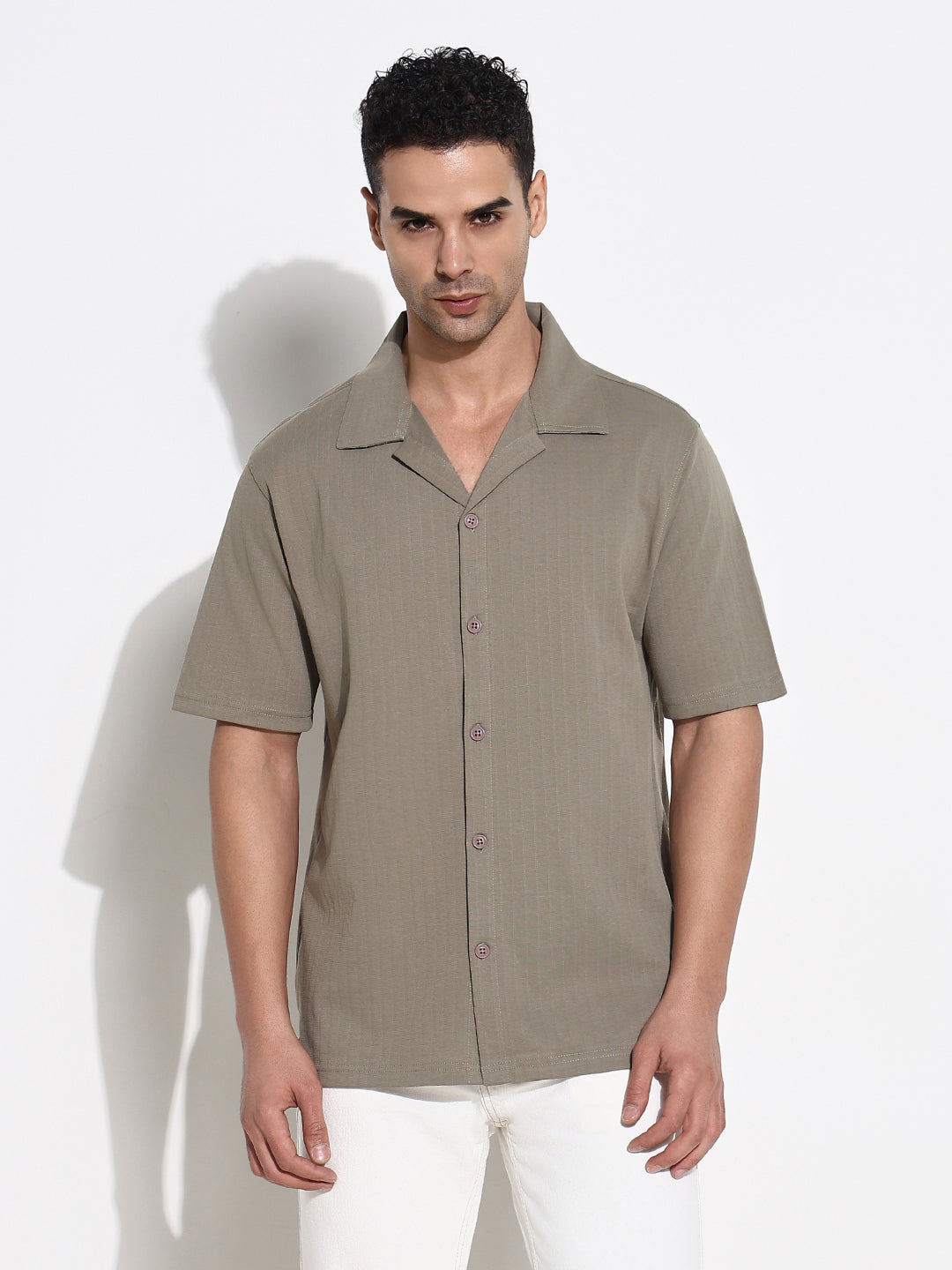 Men Olive Solid Cuban Collar Shirt