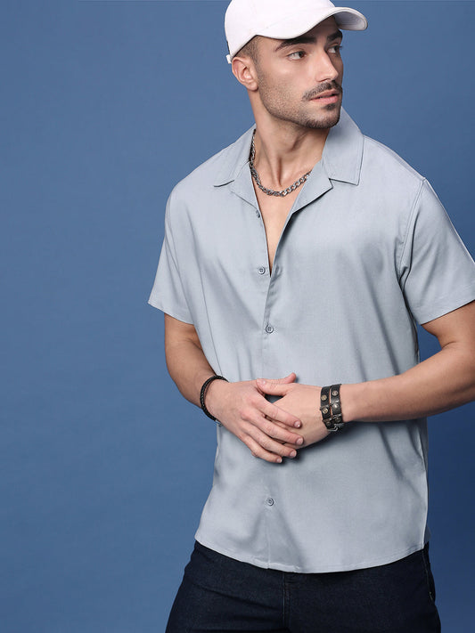 Men Grey Solid Cuban Collar Shirt