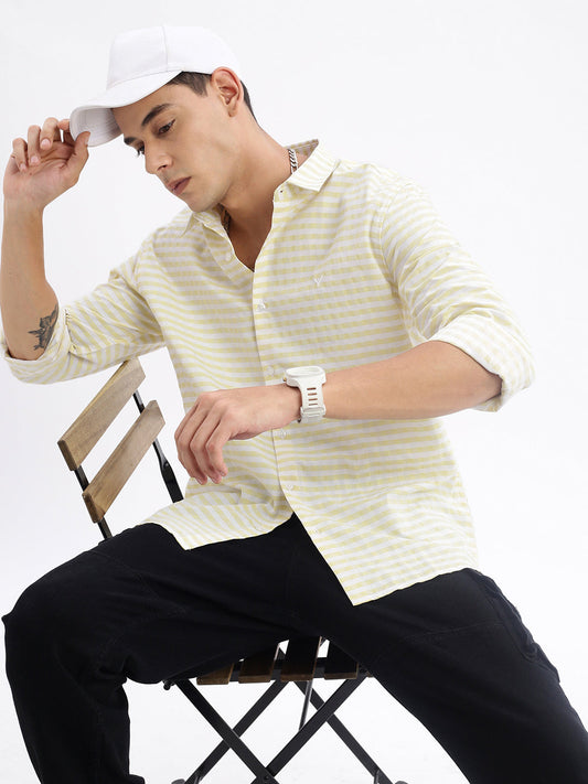 Men Spread Collar Checked Slim Fit Yellow Shirt