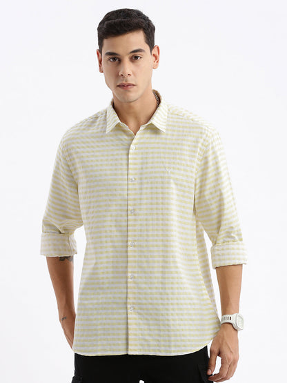 Men Spread Collar Checked Slim Fit Yellow Shirt