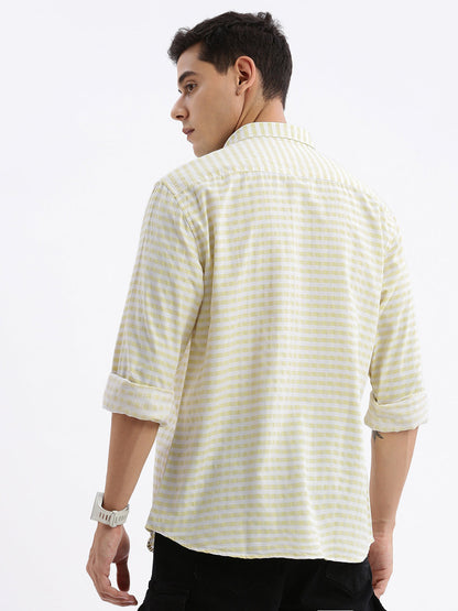 Men Spread Collar Checked Slim Fit Yellow Shirt