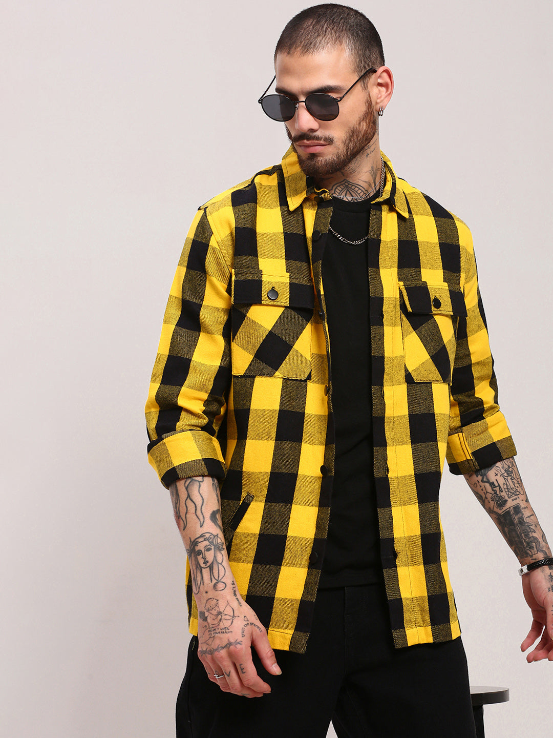 Men Yellow Checked Shacket