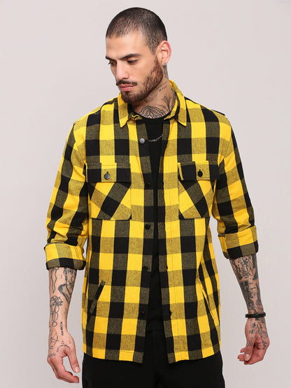 Men Yellow Checked Shacket