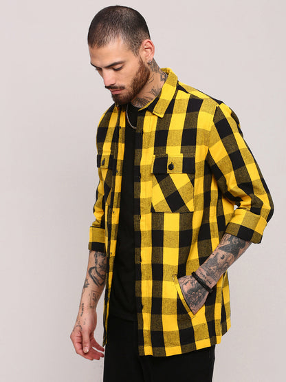 Men Yellow Checked Shacket