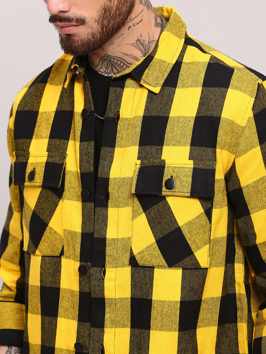 Men Yellow Checked Shacket