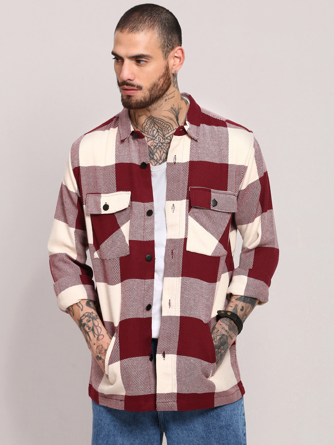 Men Maroon Checked Shacket