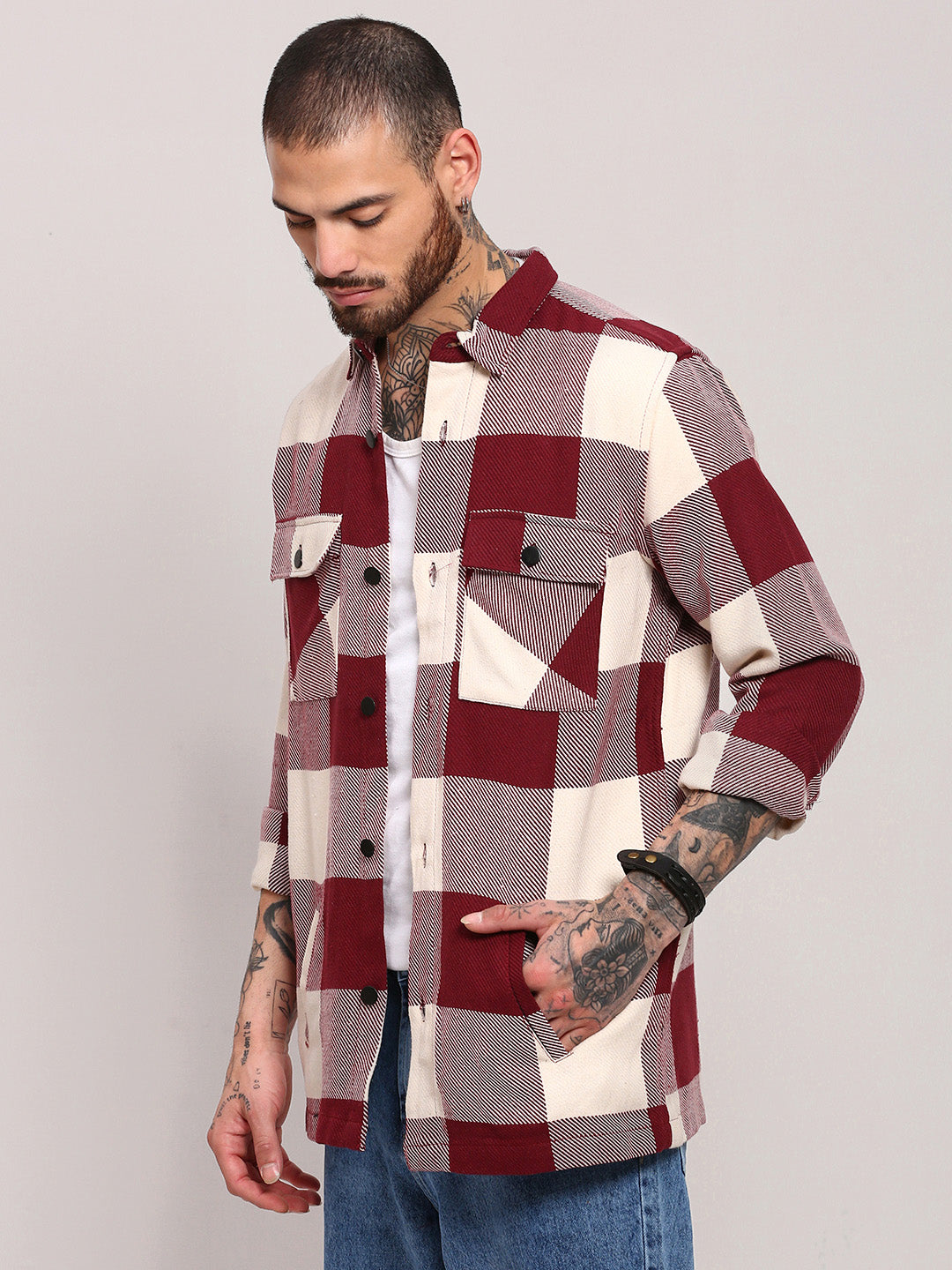 Men Maroon Checked Shacket