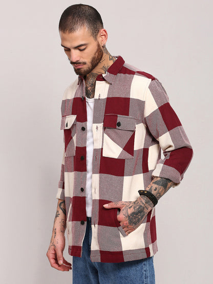 Men Maroon Checked Shacket