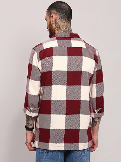 Men Maroon Checked Shacket