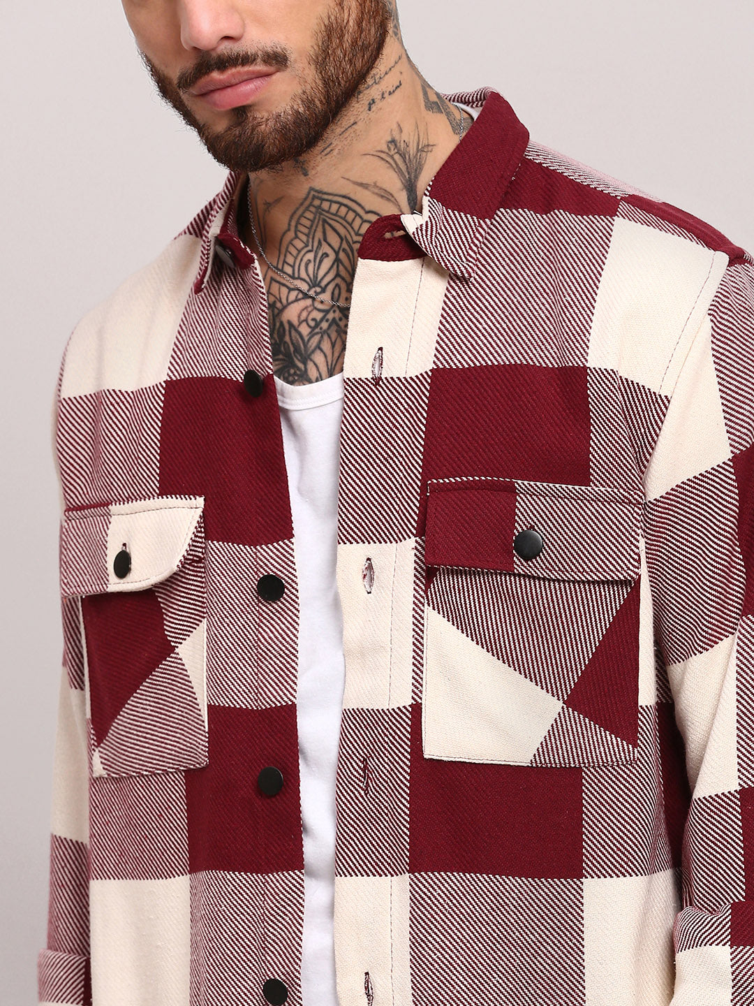 Men Maroon Checked Shacket