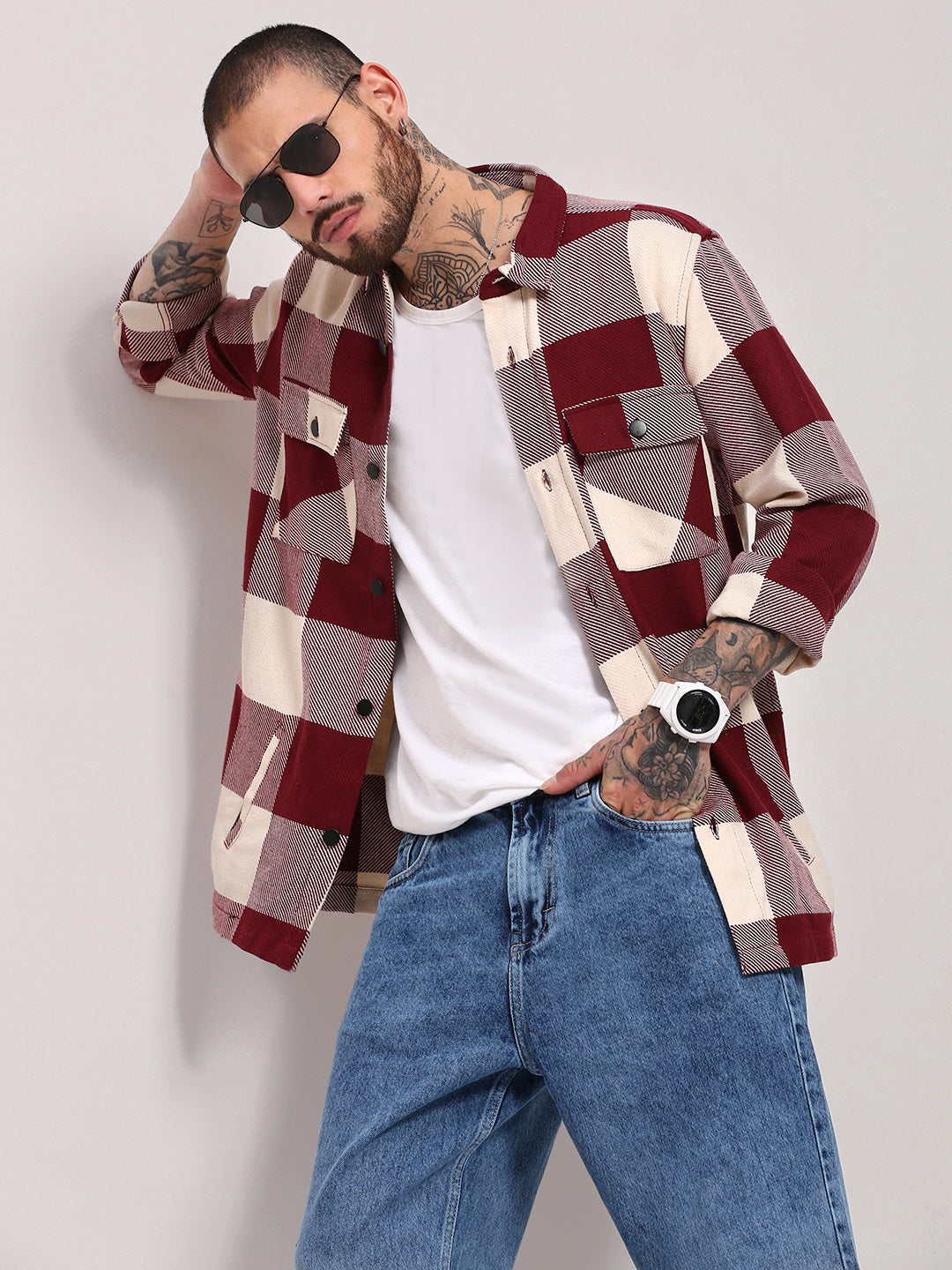 Men Maroon Checked Shacket