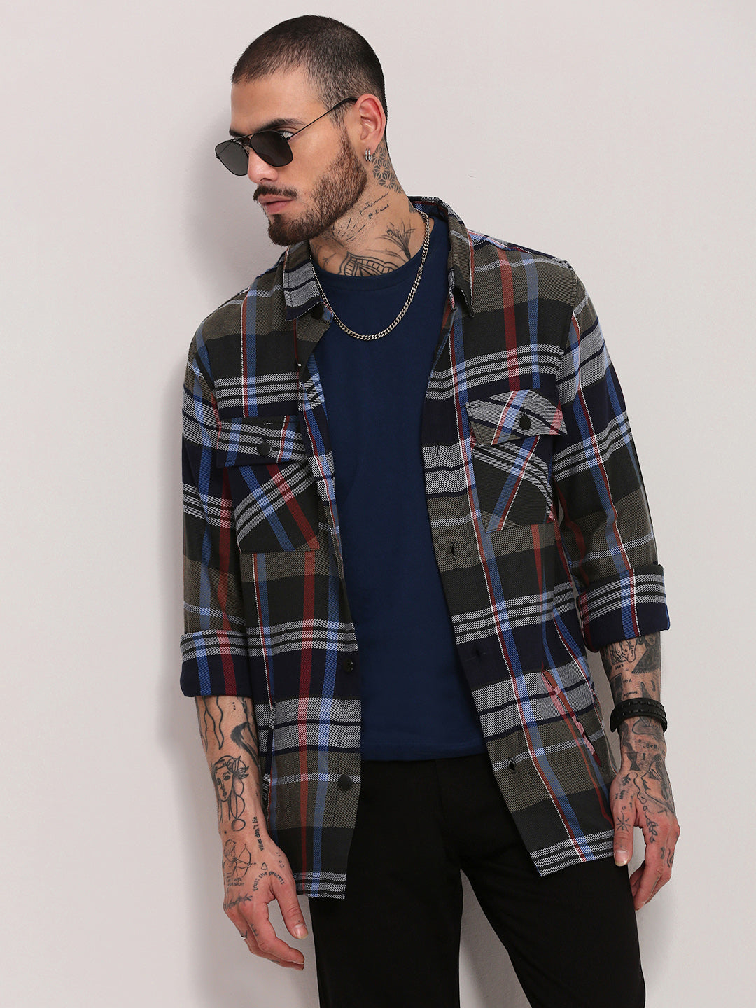 Men Grey Checked Shacket