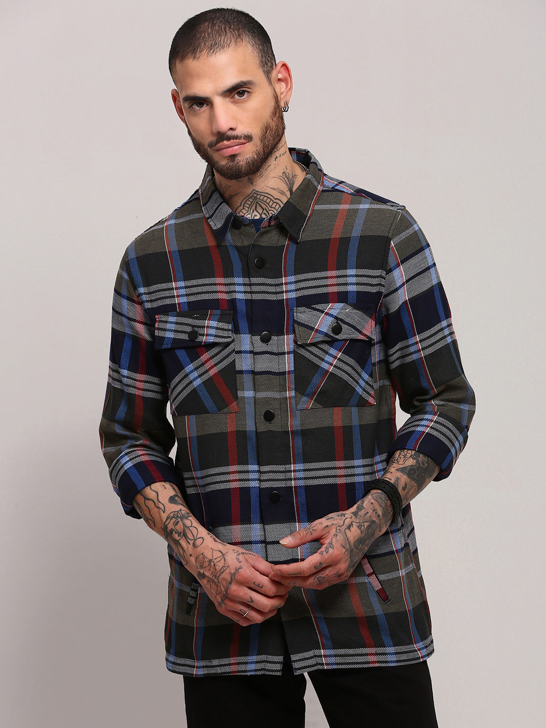 Men Grey Checked Shacket