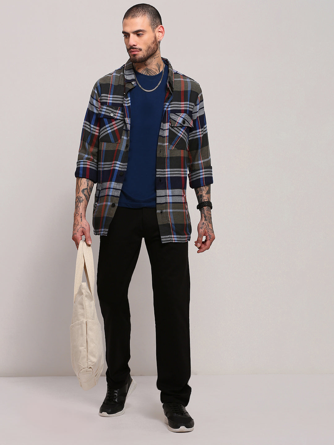 Men Grey Checked Shacket