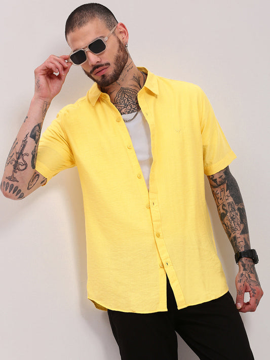 Men Yellow Solid Slim Fit Shirt