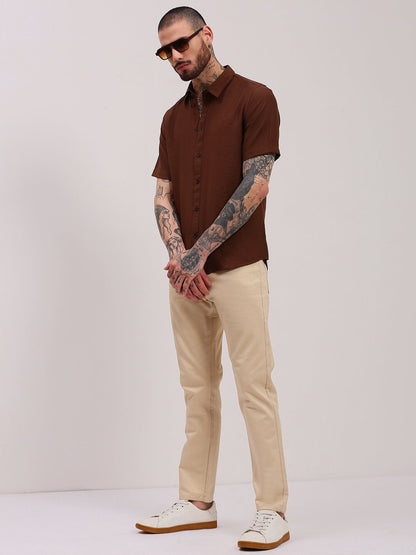 Men Brown Solid Slim Fit Shirt