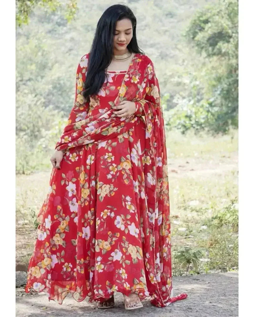 Classic Georgette Printed Gown with Dupatta for Women simsim