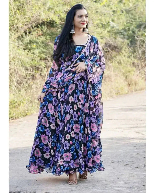 Classic Georgette Printed Gown with Dupatta for Women simsim