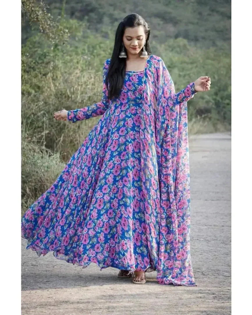 Classic Printed Gown with Dupatta for Women simsim