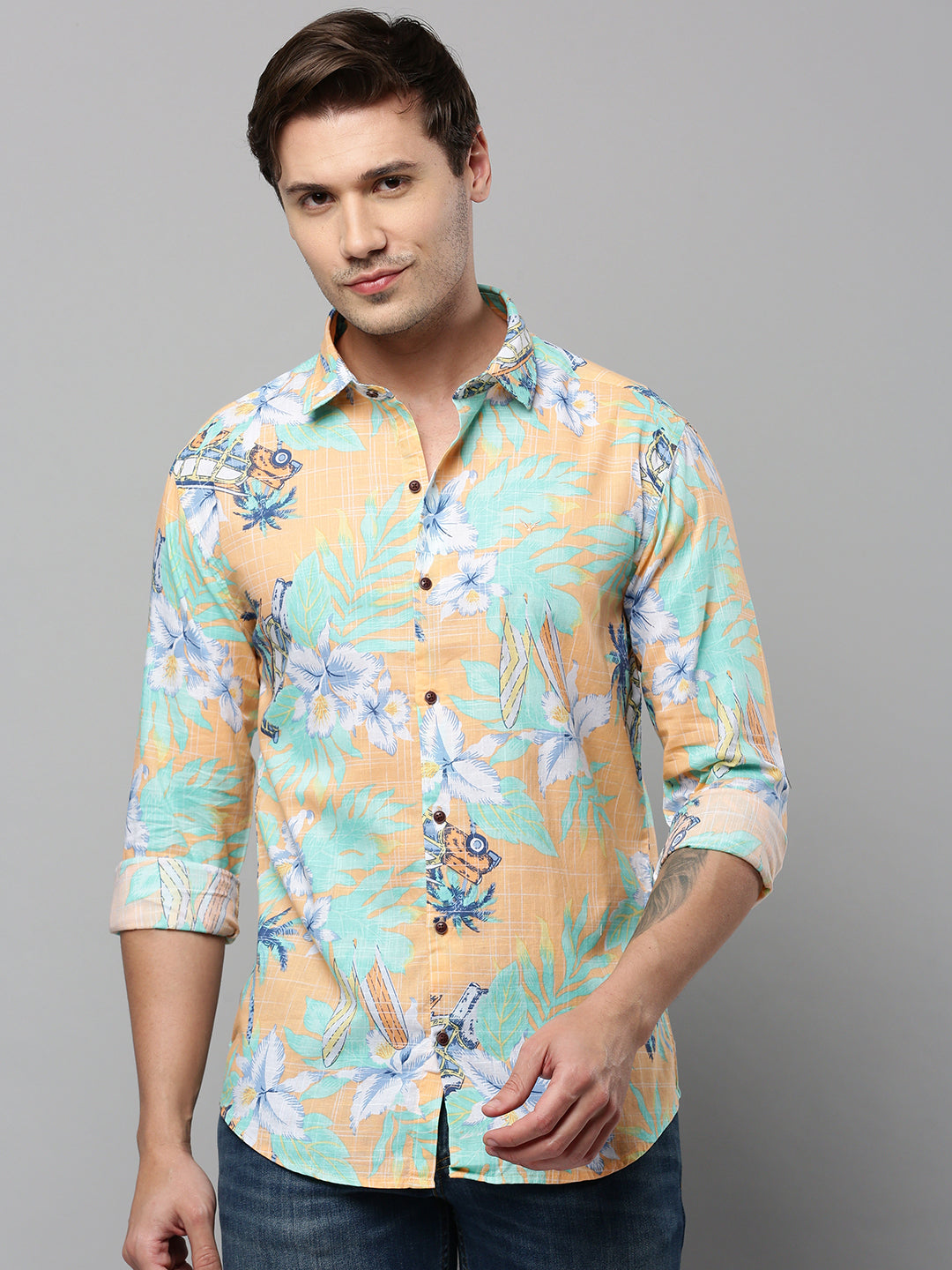 Men Orange Printed Casual Shirt