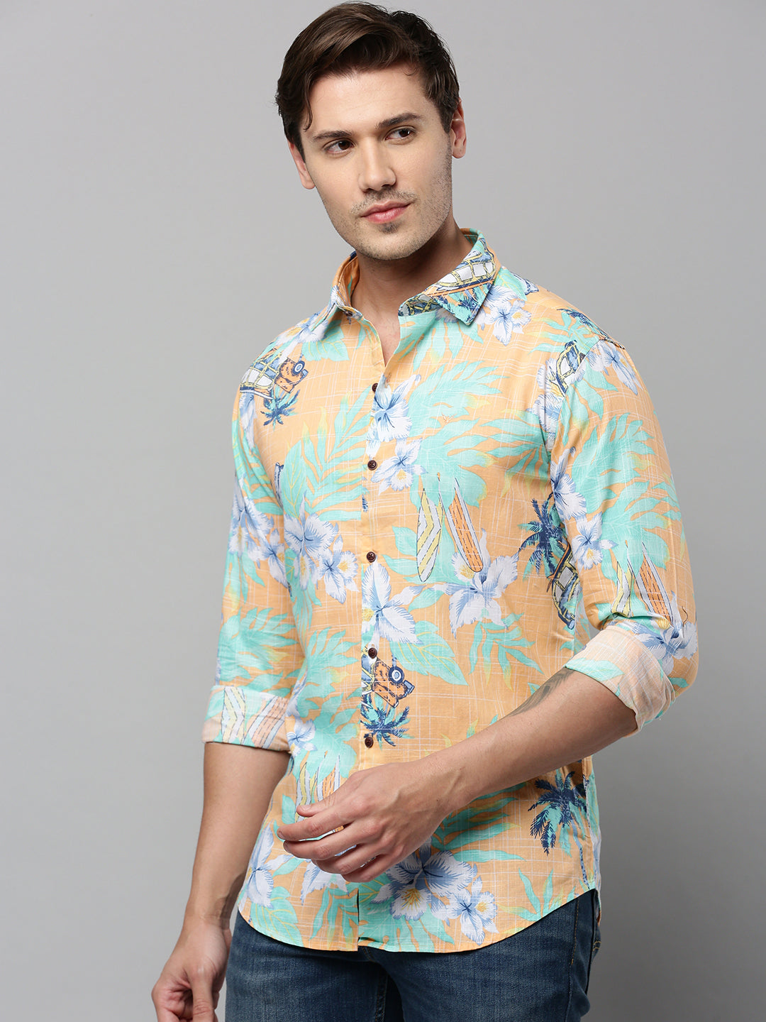 Men Orange Printed Casual Shirt